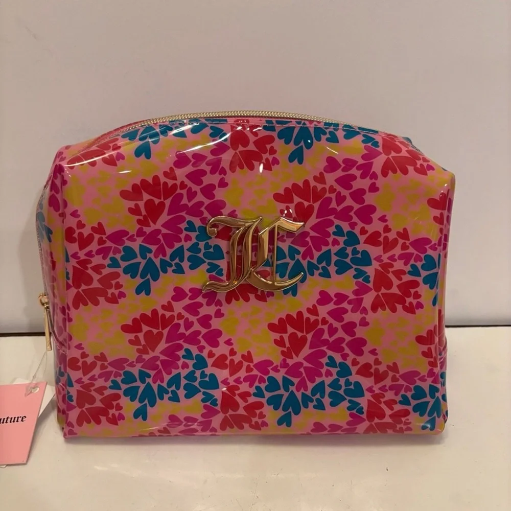 Juicy Couture PVC Cosmetic Makeup Wedge Bag Multi Hearts w/bottle NWT
